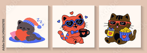 Set of Cute retro doodle cats. Funny abstract cat or kitten characters different poses, Seamless Pattern with Cute Cartoon Cat Design on White Background