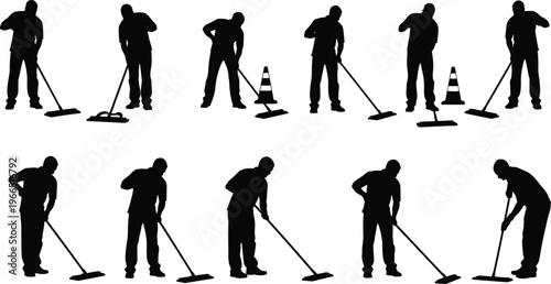 Cleaning worker silhouettes set isolated on white background janitor staff with tools sweeping mopping service maintenance black shadow people collection