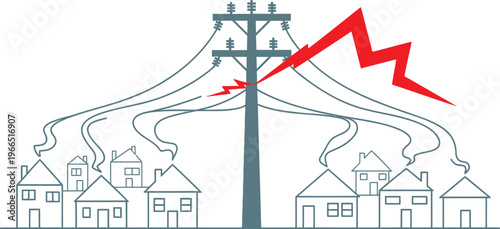 Power transmission tower failure causing electricity outage in residential area with energy disruption concept