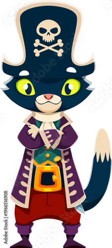 Cartoon cat animal pirate captain or skipper character with bright yellow eyes. Corsair dressed in a long purple coat, red trousers and tall hat with crossbones. Funny pirate personage for kids design