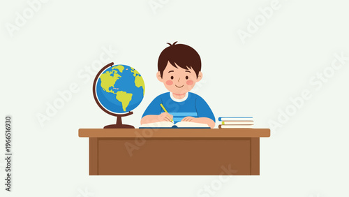 Young boy student sitting at a wooden desk and writing in a notebook next to a globe and stack of books for school education.