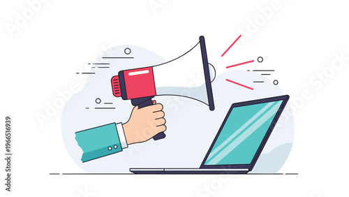 Hand holding a red megaphone and pointing it at an open laptop screen for digital marketing, advertising, and online announcements.