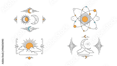 Collection of mystical and scientific diagrams featuring celestial bodies like the sun and moon mixed with atomic structures and clouds.