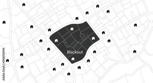 Blackout area highlighted on city map with surrounding houses indicating electricity outage zone
