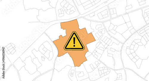 Highlighted warning zone on city map with hazard symbol indicating risk area and emergency alert