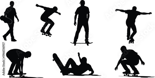Skateboarder silhouettes set isolated on white background performing tricks and jumps street sport urban lifestyle action dynamic poses black shadow figures collection