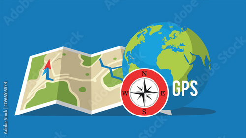 GPS navigation concepts featuring a folded map, a world globe, and a compass icon on a solid blue background for travel guidance.