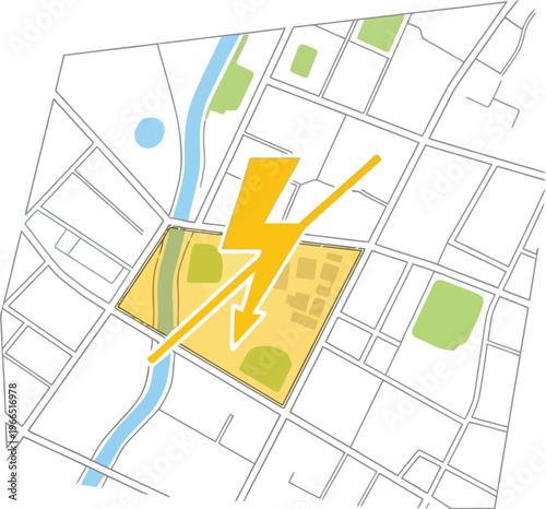 Highlighted electricity outage area on city map with lightning symbol indicating power failure zone