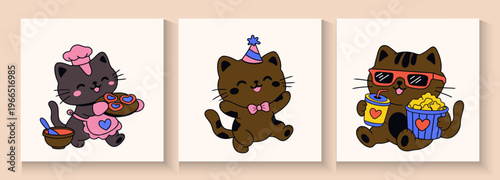 Set of Cute retro doodle cats. Funny abstract cat or kitten characters different poses, Seamless Pattern with Cute Cartoon Cat Design on White Background