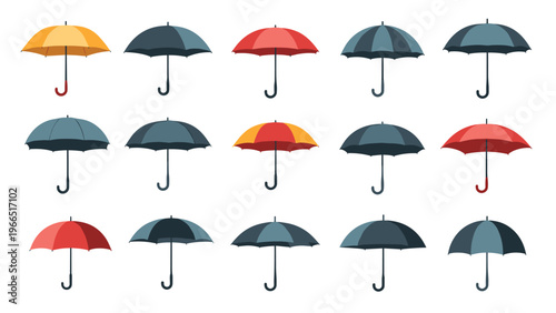 Diverse collection of colorful and dark umbrellas arranged in a grid pattern perfect for rainy season weather concepts.