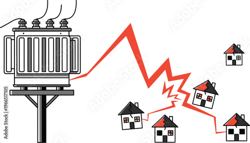 Electric transformer failure causing power outage in residential houses with energy disruption concept