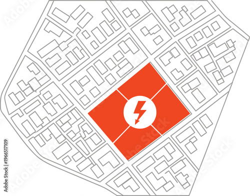 Highlighted outage area on city map with lightning symbol representing electricity failure zone