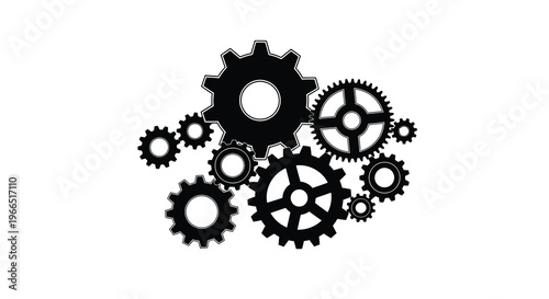 A collection of overlapping black gears against a white background