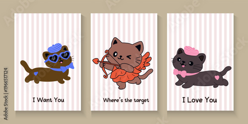 Set of Cute retro doodle cats. Funny abstract cat or kitten characters different poses, Seamless Pattern with Cute Cartoon Cat Design on White Background