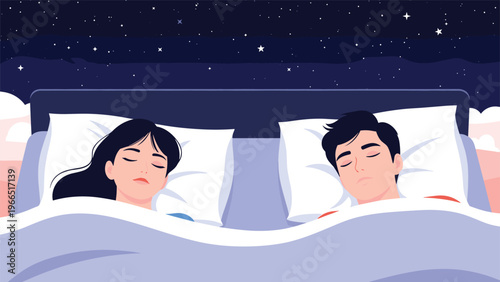 Peaceful couple sleeping together in a large bed under a clear night sky filled with bright twinkling stars and clouds.