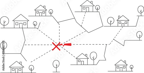 Broken network connection between residential areas with disconnected lines and outage concept