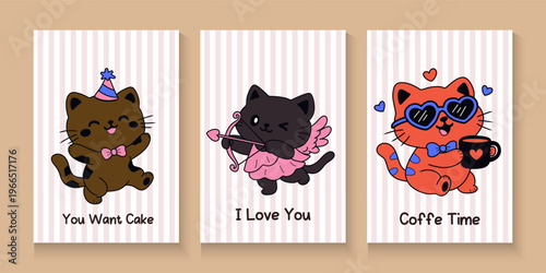 Set of Cute retro doodle cats. Funny abstract cat or kitten characters different poses, Seamless Pattern with Cute Cartoon Cat Design on White Background