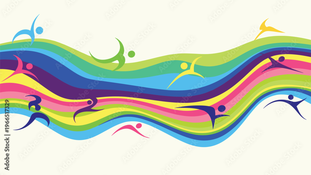Fototapeta premium Dynamic abstract background with colorful wavy bands and silhouettes of people running in various directions.