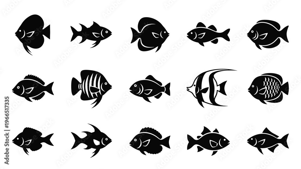 Obraz premium Variety of fish species shown in black silhouette profiles arranged in a grid for marine life and nature designs.