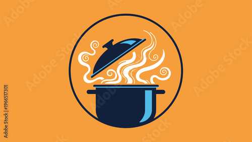 Simple icon of a dark blue cooking pot with white steam rising from the lid against an orange circular background.