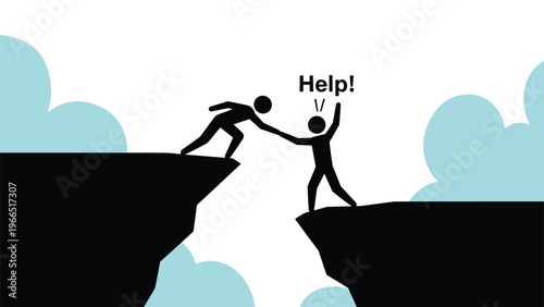 Silhouette of a person reaching out to help another person climb up a steep cliff edge against a cloudy sky.