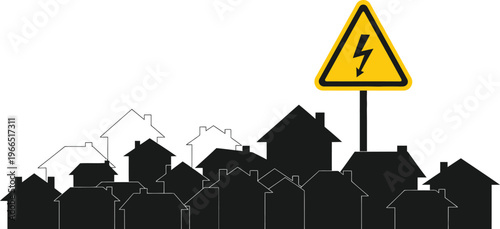 Electricity hazard warning over residential houses silhouette representing power outage risk