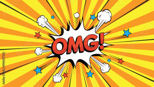 Vibrant comic book style OMG text burst with yellow sunburst rays stars and smoke clouds for expressive design.