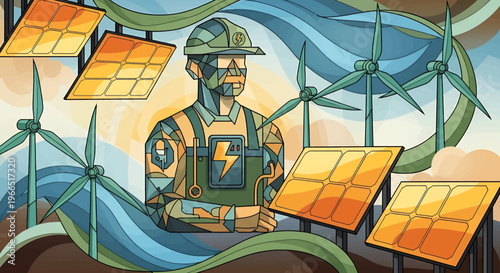 Man with solar panel energy.