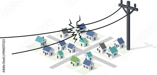 Power line failure over residential neighborhood causing electricity outage and service disruption