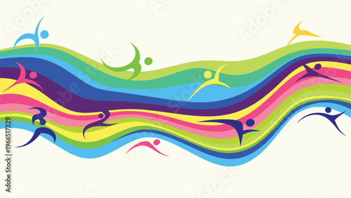 Dynamic abstract background with colorful wavy bands and silhouettes of people running in various directions.