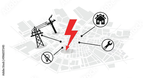 Electricity outage repair concept with damaged power line tools and maintenance service icons