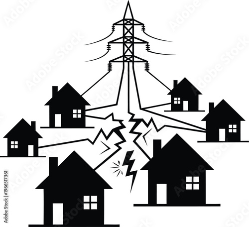 Electricity outage in residential area with power tower and ground crack failure concept