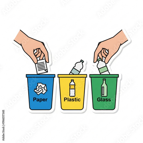 Sticker style vector icon of hands segregating waste for recycling, isolated on white background