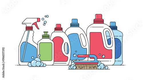 Assorted household cleaning products including spray bottles detergent jugs and a scrub brush with soapy bubbles.