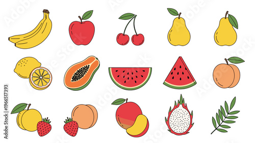 Colorful collection of various fruit icons including banana apple cherry pear lemon papaya watermelon and mango.