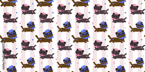 Set of Cute retro doodle cats. Funny abstract cat or kitten characters different poses, Seamless Pattern with Cute Cartoon Cat Design on White Background