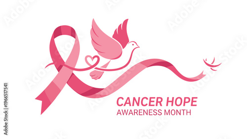 Pink ribbon for breast cancer awareness month with a white dove and heart symbol to represent hope and support for survivors.
