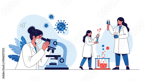 Team of female scientists conducting research with a microscope and test tubes in a laboratory for virus study.