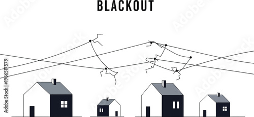 Blackout concept with broken power lines and residential houses electricity failure illustration