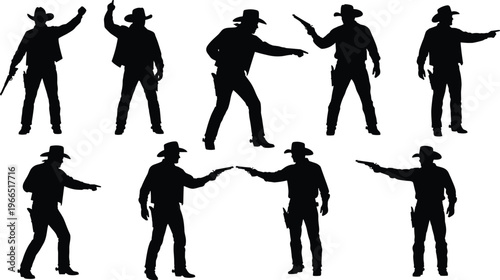 Cowboy silhouettes with guns isolated on white background western outlaw characters in action poses vintage wild west theme black shadow figures collection