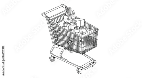 Line drawing of a shopping cart filled with various grocery items