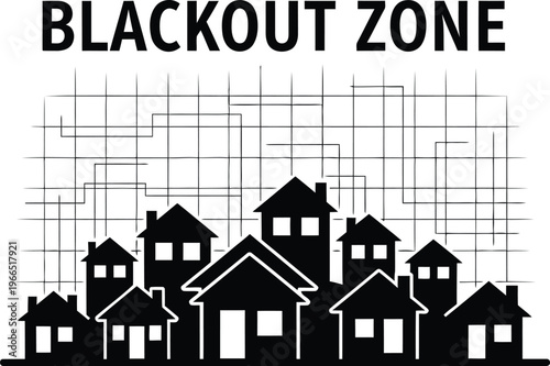 Blackout zone concept with residential houses and electricity grid failure illustration