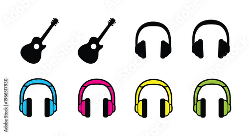 Colorful icons depicting guitars and headphones on a white background