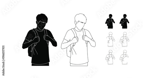 Line art depictions of a person with a backpack in various shades