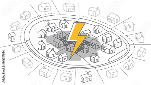 Power outage in residential neighborhood with lightning strike and electricity failure concept