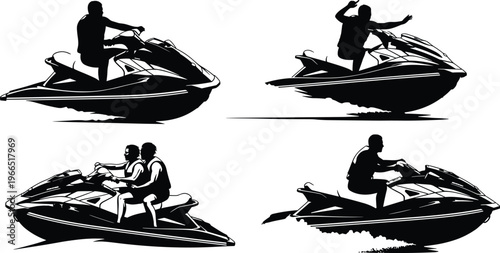 Jet ski silhouettes set isolated on white background featuring riders in action water sport adventure speed summer recreation black shadow personal watercraft collection