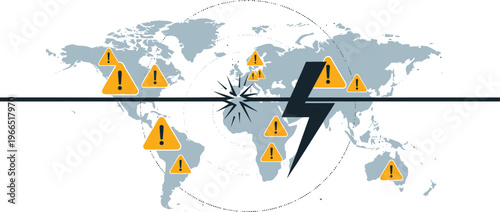 Global cyber attack and network disruption concept with world map warning symbols