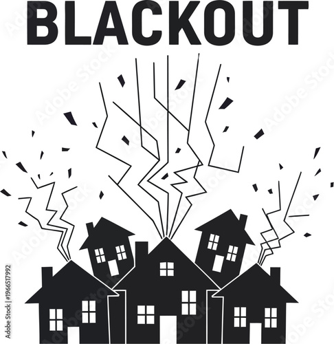 Blackout concept illustration with damaged houses and electric power failure crisis