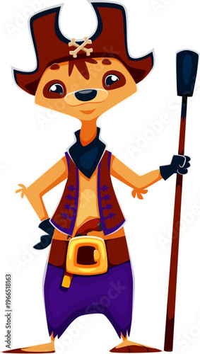 Cartoon meerkat animal pirate crew character. Isolated vector playful corsair personage wearing tricorn hat, vest and purple pants, holding a cannon stick , expressing boldness and sea adventure