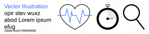 Health tracking, diagnostics, time management, medical research, examination, fitness tracking. Heartbeat line with heart, stopwatch magnifying glass icons. Health tracking and diagnostics concepts